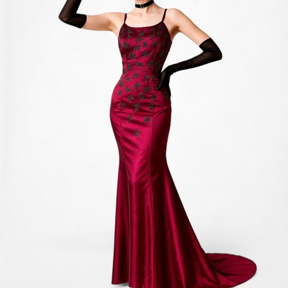 Vintage Burgundy Red Satin Beaded Fit Flared Maxi Prom Dress Size S - Picture 2 of 8